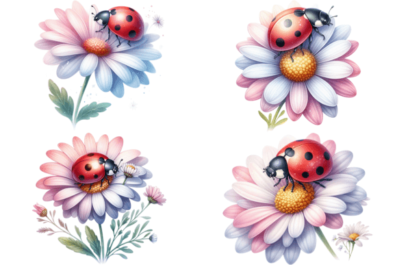 Download 4 Watercolor Ladybug and Flowers Bundle - Premium Resources