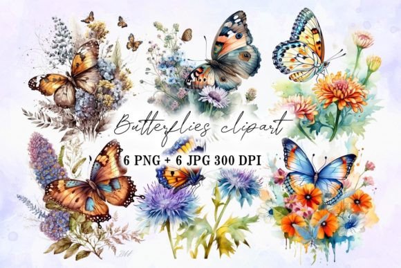 Download Butterflies on Flowers Watercolor Style - Watercolor style Collection